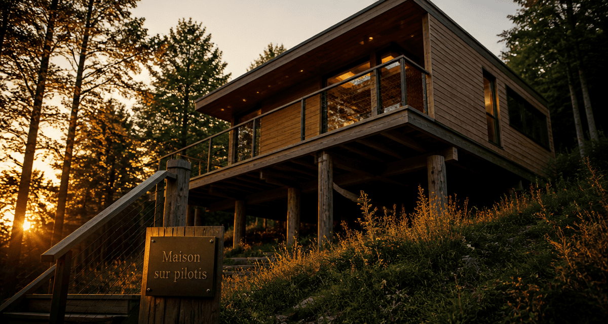 constructeur maison sur pilotis ossature bois crépuscule