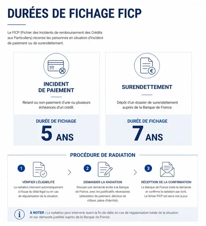 Infographie des durées de fichage FICP et procédures de radiation