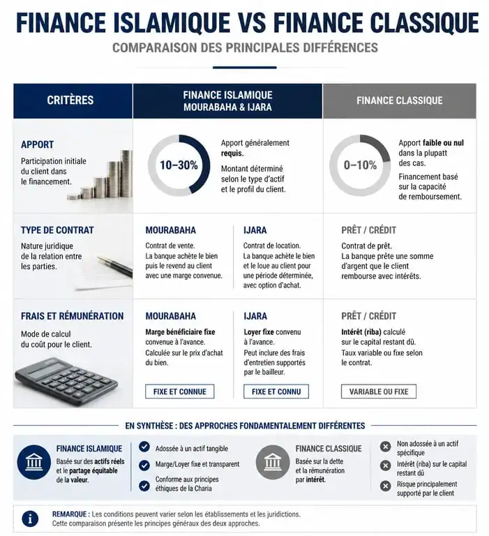 Infographie comparative : Finance islamique vs Finance classique pour un prêt immobilier