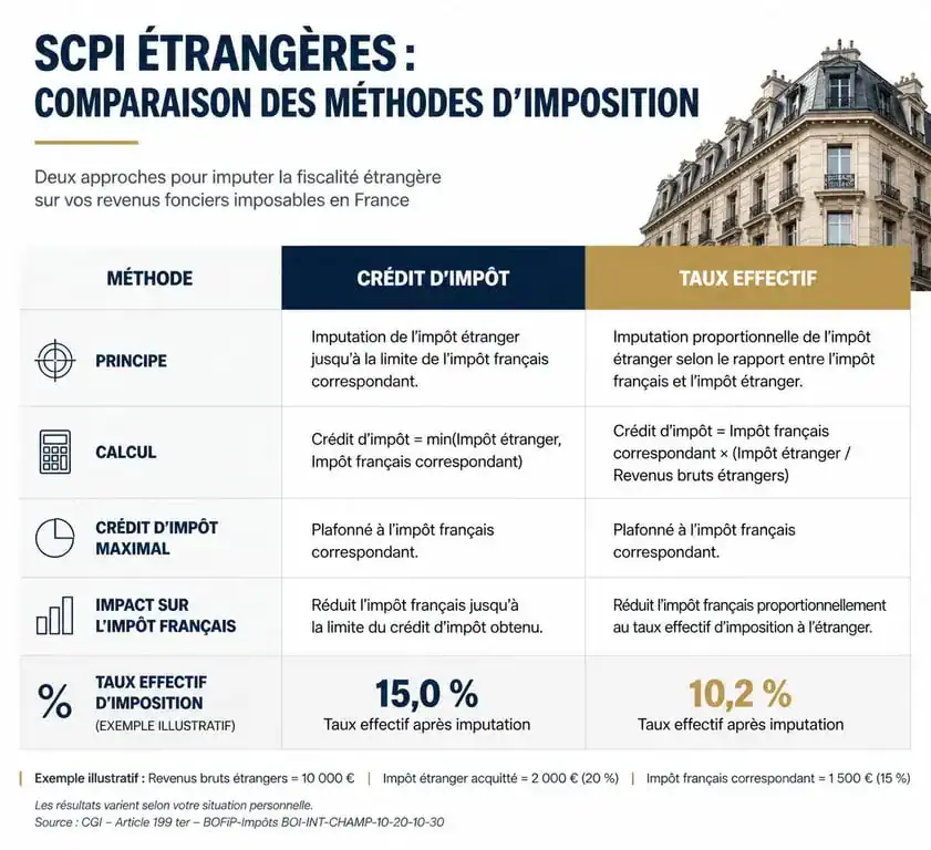 Infographie comparative des méthodes d'imposition pour la fiscalité des SCPI étrangères