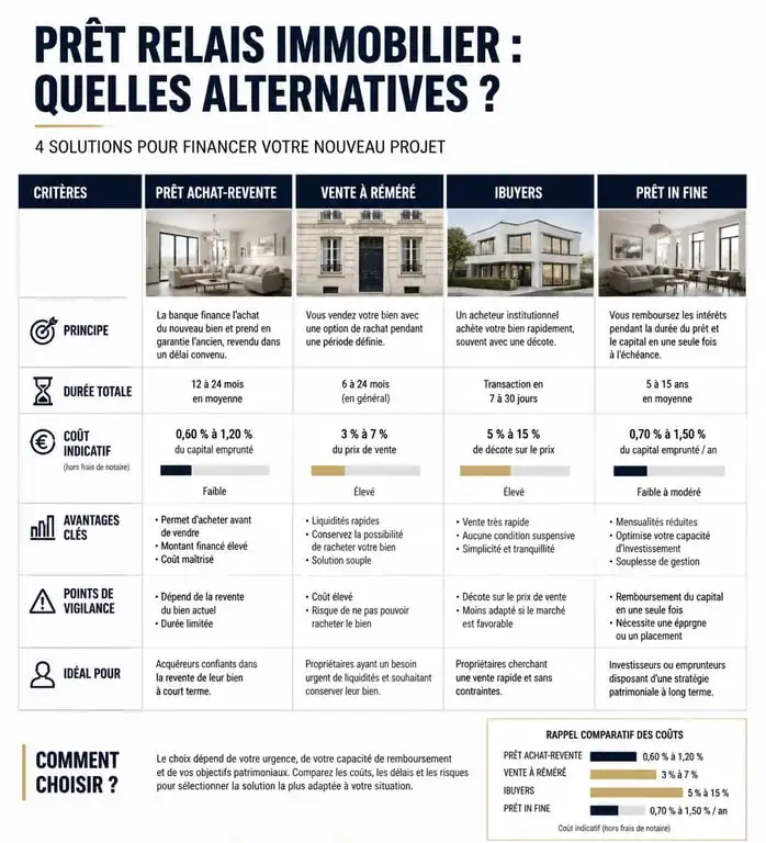Infographie comparative des alternatives au prêt relais pour financer un achat immobilier