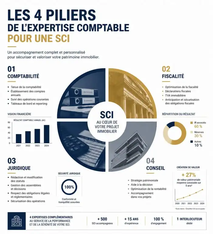 Infographie des missions d'un expert comptable pour SCI : comptabilité, fiscalité et conseil