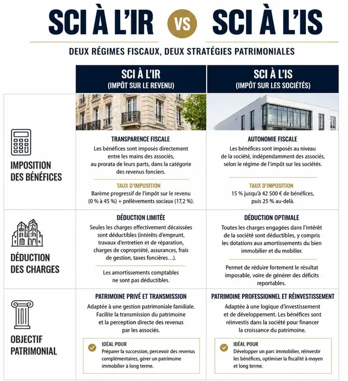 Infographie comparative SCI à l'IR vs SCI à l'IS pour création SCI en ligne
