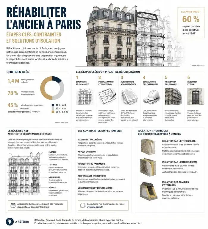 Infographie des étapes et contraintes pour la réhabilitation de bâtiments anciens à Paris