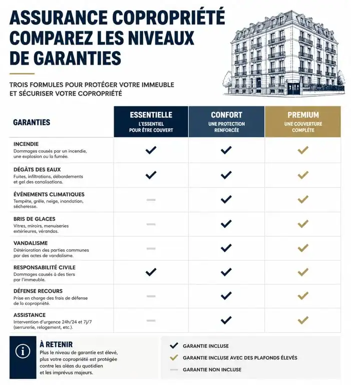 Infographie comparative des garanties d'assurance pour copropriété