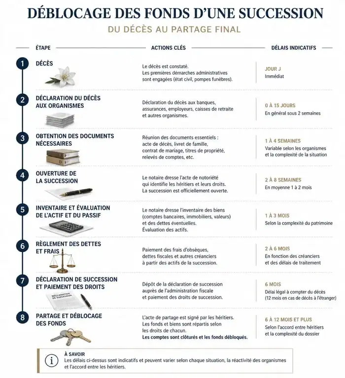 Infographie des étapes et délais du déblocage des fonds d'une succession par le notaire