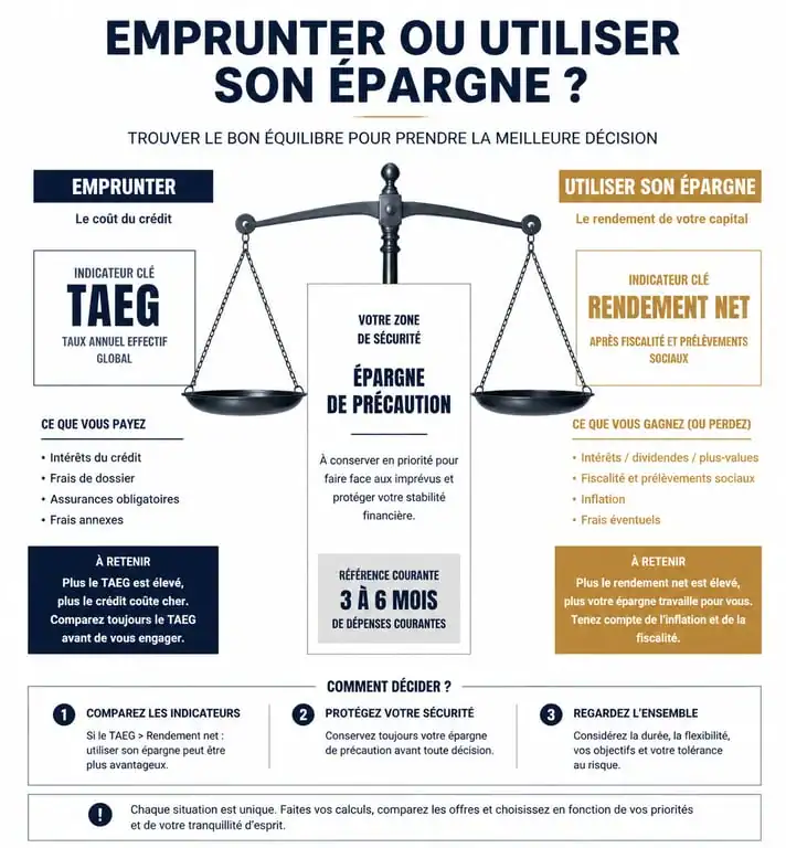Infographie comparative : faut-il emprunter ou utiliser son épargne pour financer un projet