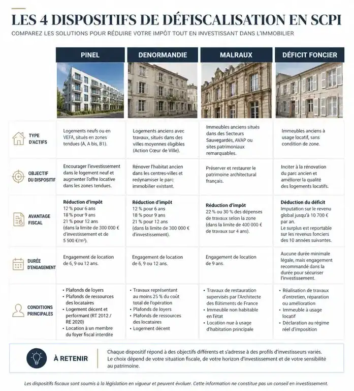 Infographie comparative des dispositifs de défiscalisation en SCPI : Pinel, Denormandie, Malraux et Déficit Foncier