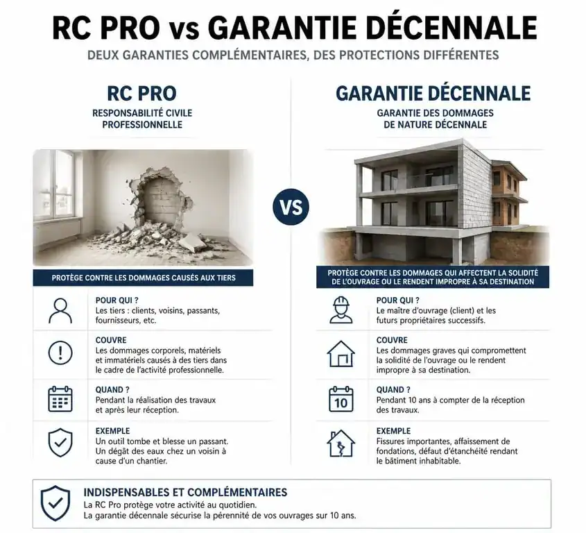 Infographie comparative entre la RC Pro et la garantie décennale pour les travaux de construction