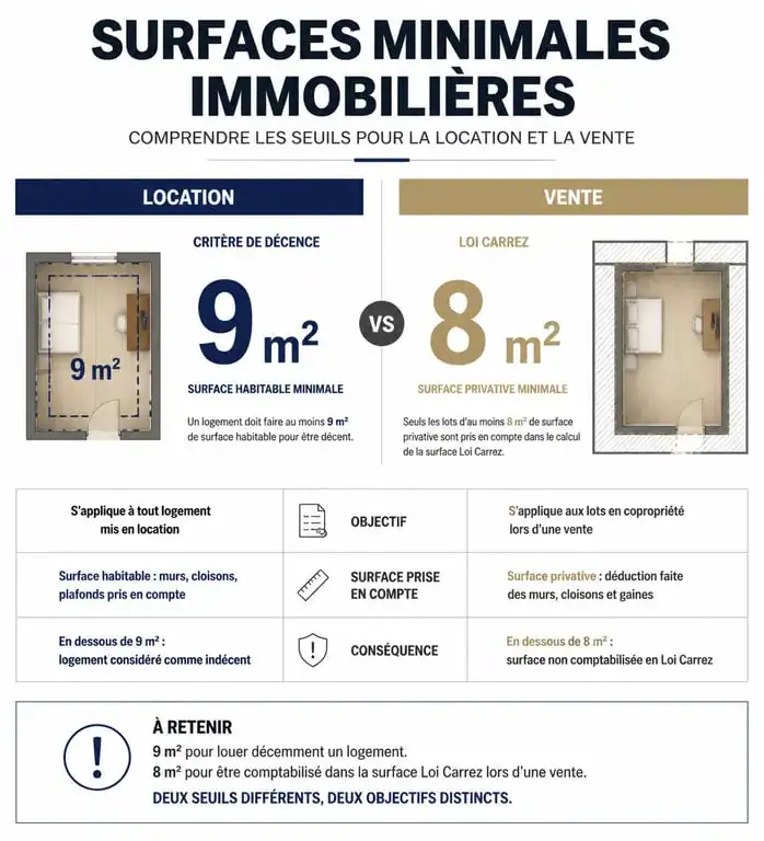 Comparatif des seuils de surface pour la vente et la location d'une chambre de moins de 9m2