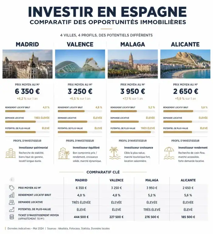 Comparatif des villes pour investir en immobilier en Espagne : prix et rentabilité