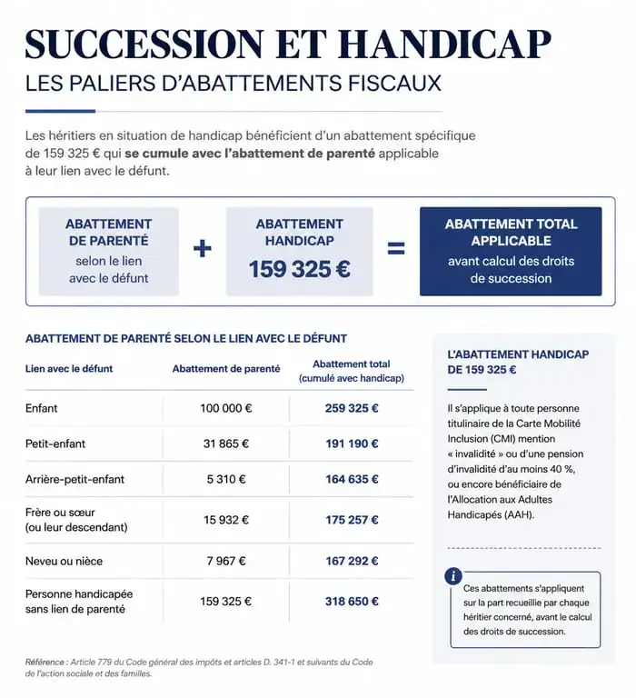 Infographie des abattements fiscaux et frais de notaire pour une succession avec une personne handicapée
