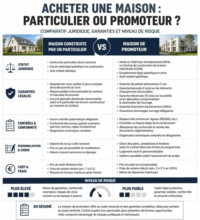 Infographie comparative achat maison particulier vs promoteur immobilier