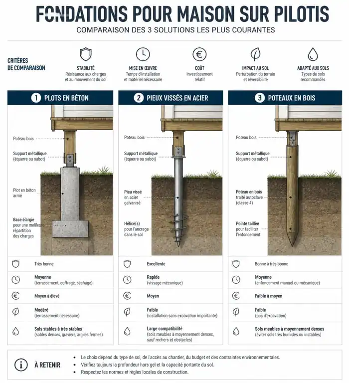 Comparatif des techniques de fondations pour constructeur maison sur pilotis : plots béton, pieux acier et poteaux bois
