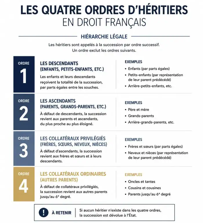 Schéma de la hiérarchie des quatre ordres d'héritiers dans la dévolution successorale