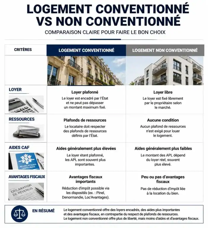 Infographie comparative entre logement conventionné et non conventionné pour comprendre les aides et avantages fiscaux