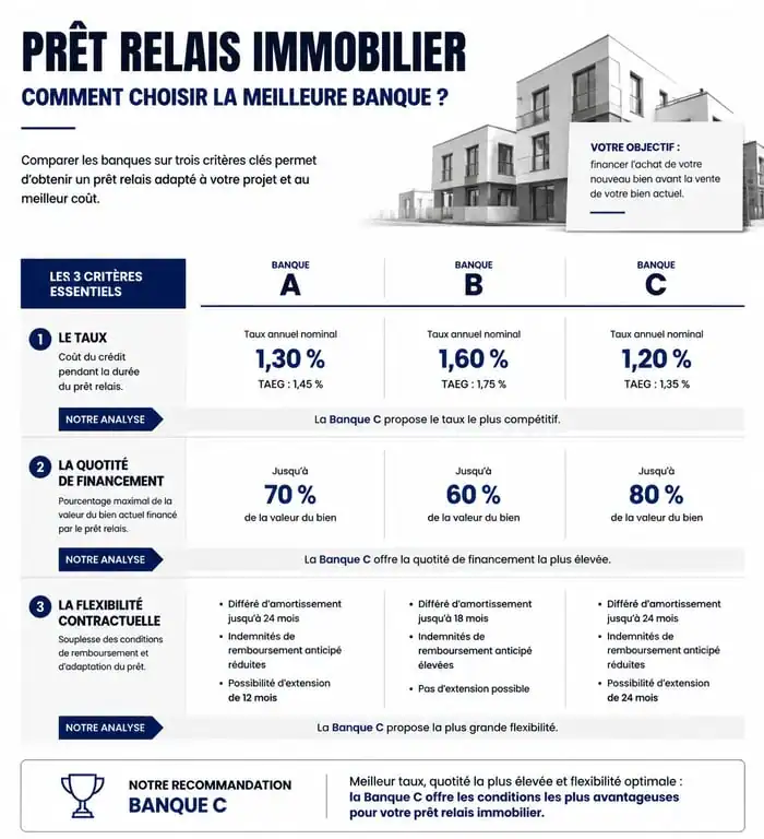 Infographie comparative des critères pour choisir la meilleure banque pour un prêt relais immobilier