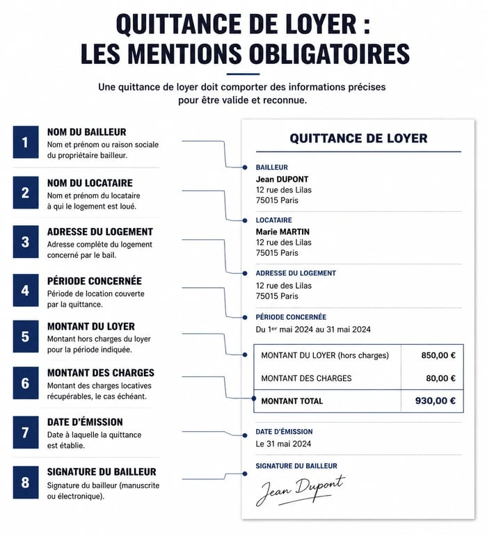 Infographie des mentions obligatoires sur une quittance de loyer pour justifier le paiement du loyer.