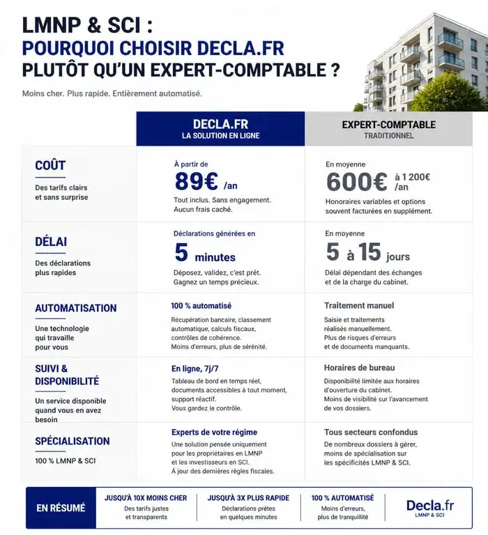 Comparatif fiscalité immobilière : Decla.fr vs Expert-Comptable pour déclarations LMNP et SCI