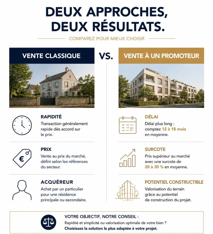 Comparatif entre vente immobilière classique et vente à un promoteur immobilier pour maximiser son prix de vente