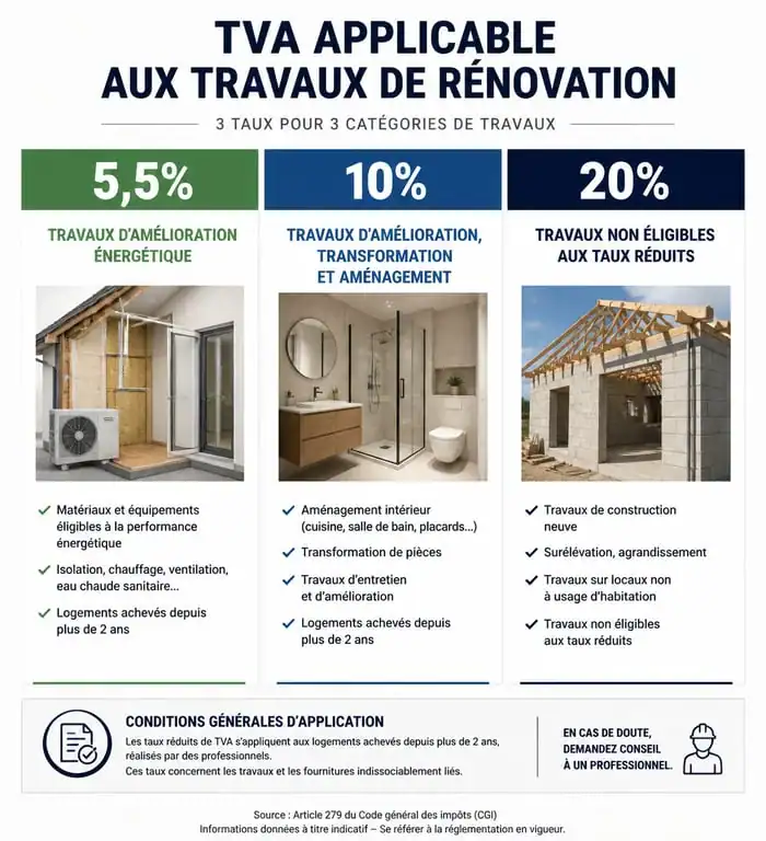 Tableau comparatif des taux de TVA 10% et 20% pour les travaux de rénovation