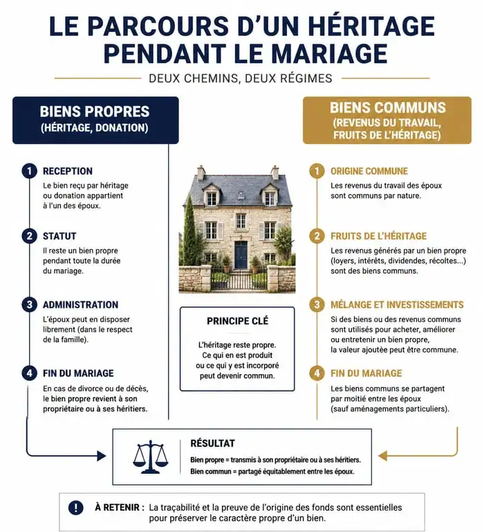Infographie sur le statut des biens hérités pendant le mariage sans contrat de mariage