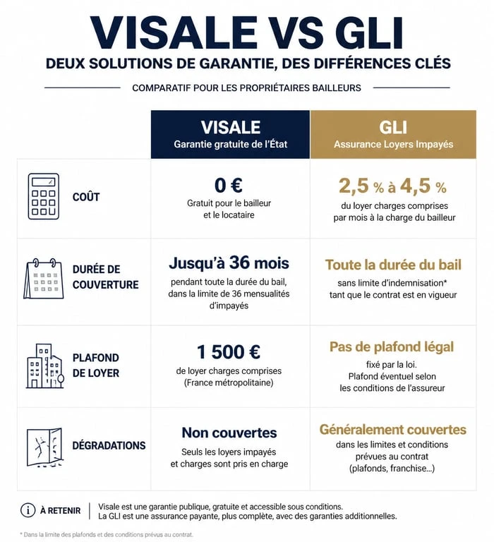 Comparatif des avantages et inconvénients de la garantie Visale par rapport à une assurance loyers impayés (GLI) pour les propriétaires.