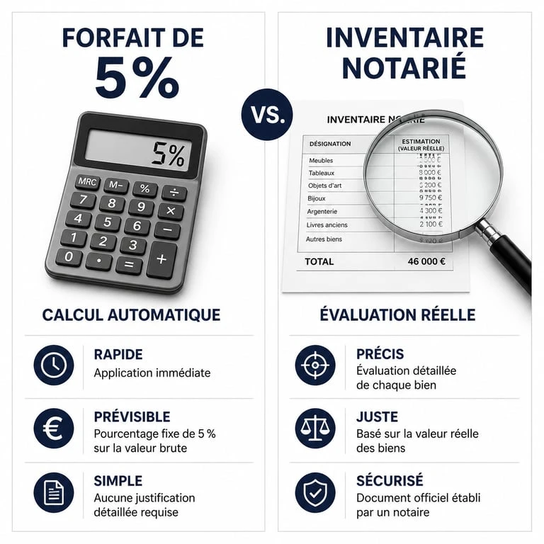 Comparaison entre le forfait de 5% et l'inventaire notarié pour la liste des meubles meublants en succession