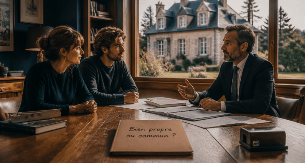 maison achetée avant mariage sans contrat, couple chez notaire