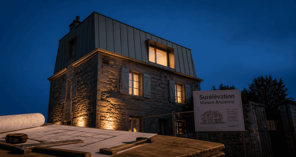 Surélévation maison ancienne avec étage bois zinc et outils de chantier