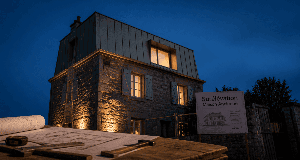 Surélévation maison ancienne avec étage bois zinc et outils de chantier