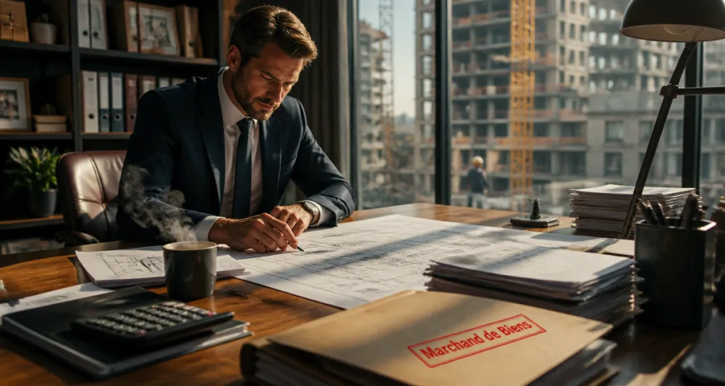 Devenir marchand de bien homme bureau plans immobiliers