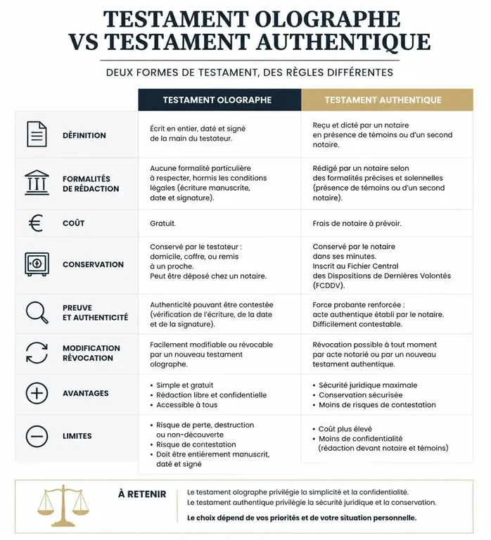 Comparatif des types de testaments pour une succession sans enfant : olographe vs authentique