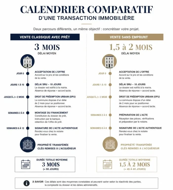 Calendrier comparatif d'une transaction immobilière avec et sans compromis de vente sans emprunt