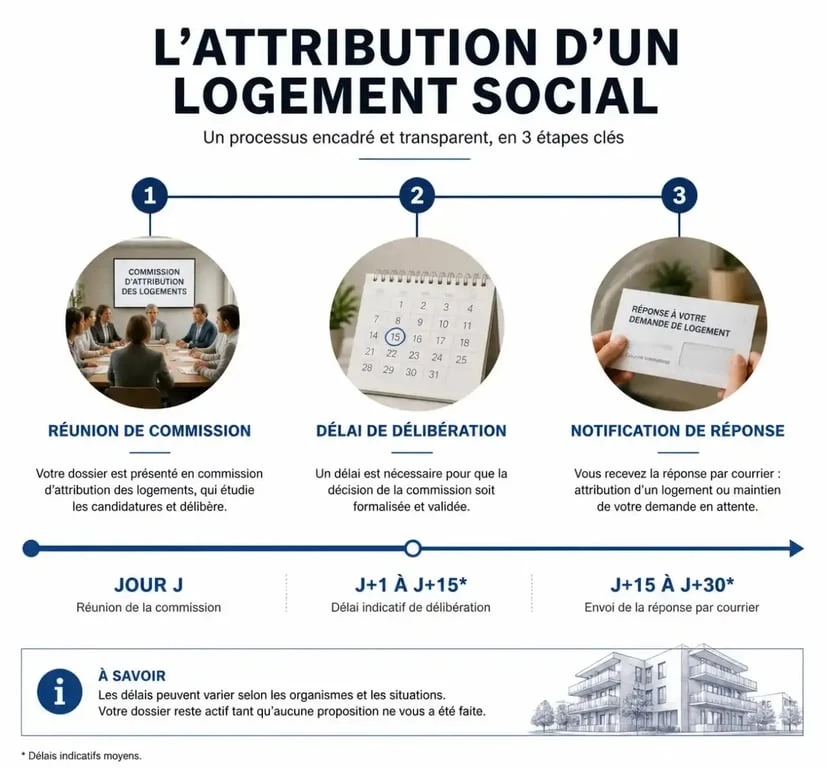Infographie sur le processus et les délais d'une commission d'attribution de logement social