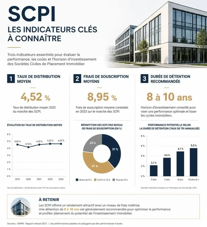 Infographie des indicateurs de performance et frais pour un investissement en SCPI