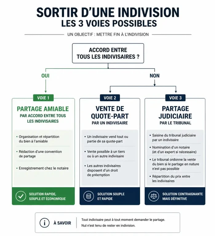 Schéma des étapes pour sortir d'une indivision : vente, partage amiable ou judiciaire
