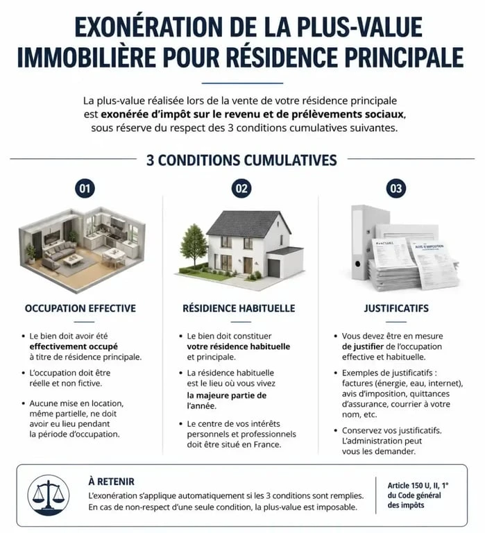 Infographie des conditions d'exonération de la plus-value sur résidence principale