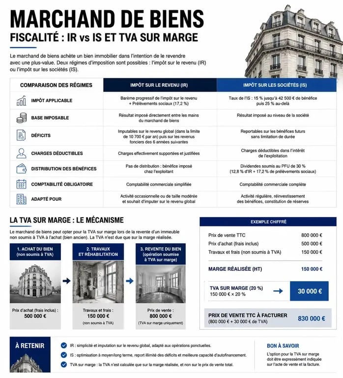 Infographie comparative de la fiscalité du marchand de biens : IR vs IS et TVA sur marge