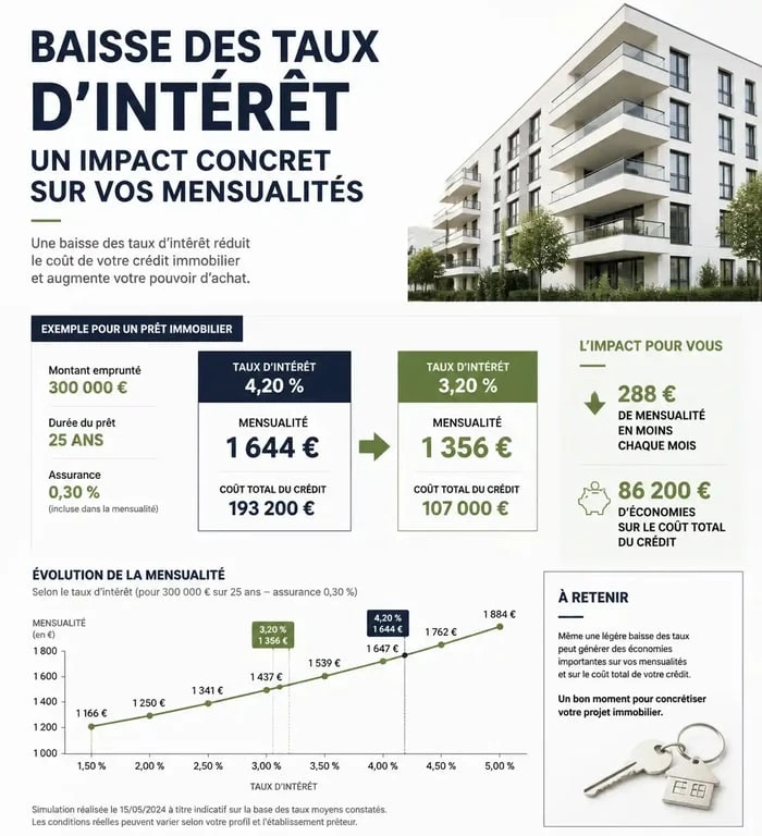 Infographie illustrant la baisse de taux immobilier et son impact sur les mensualités