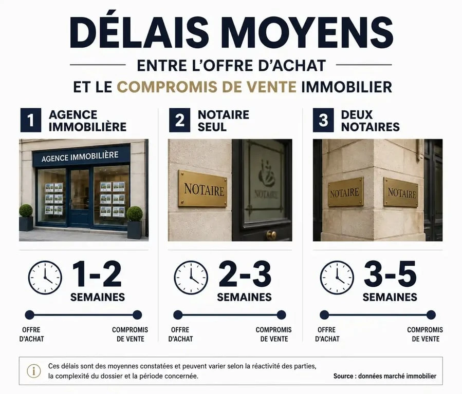Infographie des délais moyens entre l'offre d'achat et le compromis de vente immobilier
