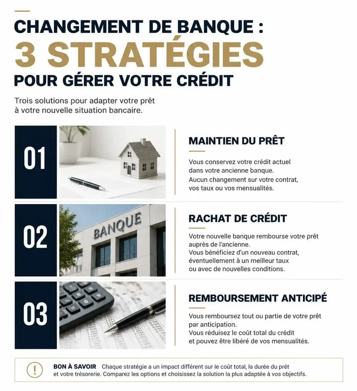 Infographie des stratégies pour changer de banque avec un prêt en cours : maintien, rachat ou remboursement anticipé
