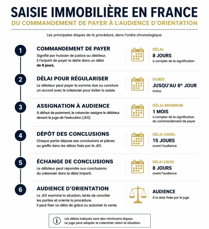 Schéma des étapes de la saisie immobilière et montant minimum