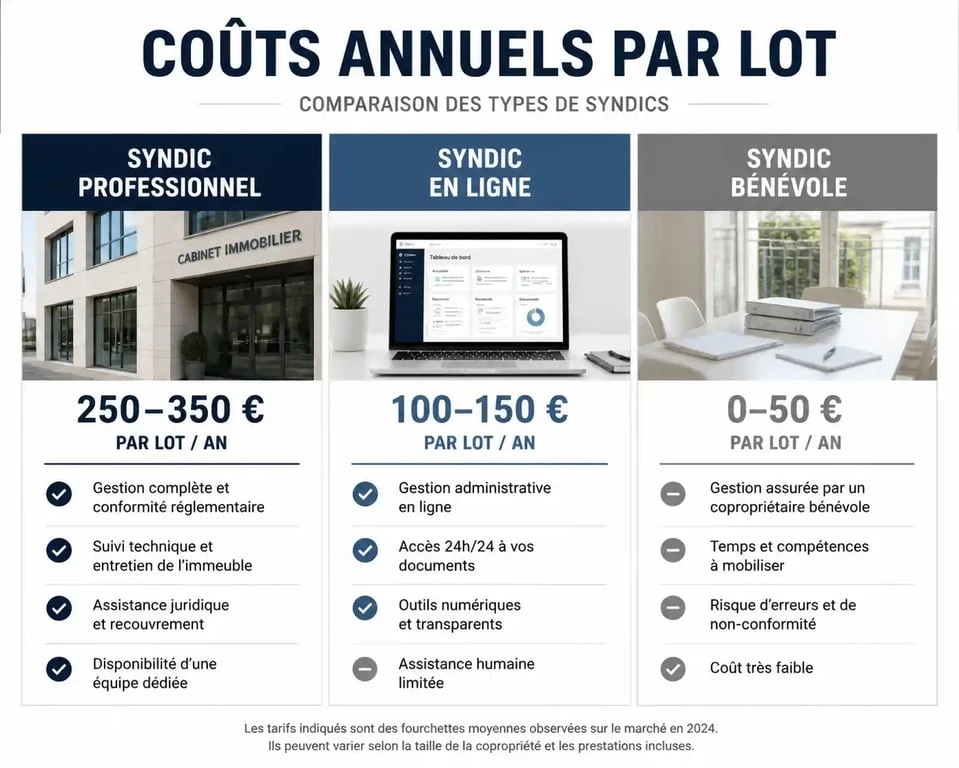 Comparatif des tarifs de syndic pour une petite copropriété : professionnel, en ligne et bénévole