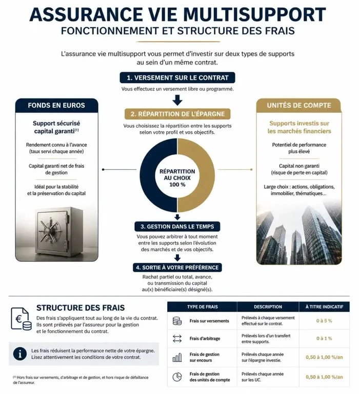 Schéma explicatif du fonctionnement et des frais du contrat d'assurance vie Prévi Option CMB