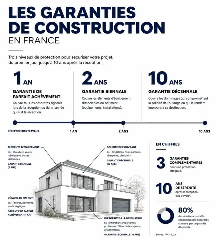 Infographie des garanties légales pour les malfaçons immobilières : GPA, biennale et décennale pour les nouveaux constructeurs.