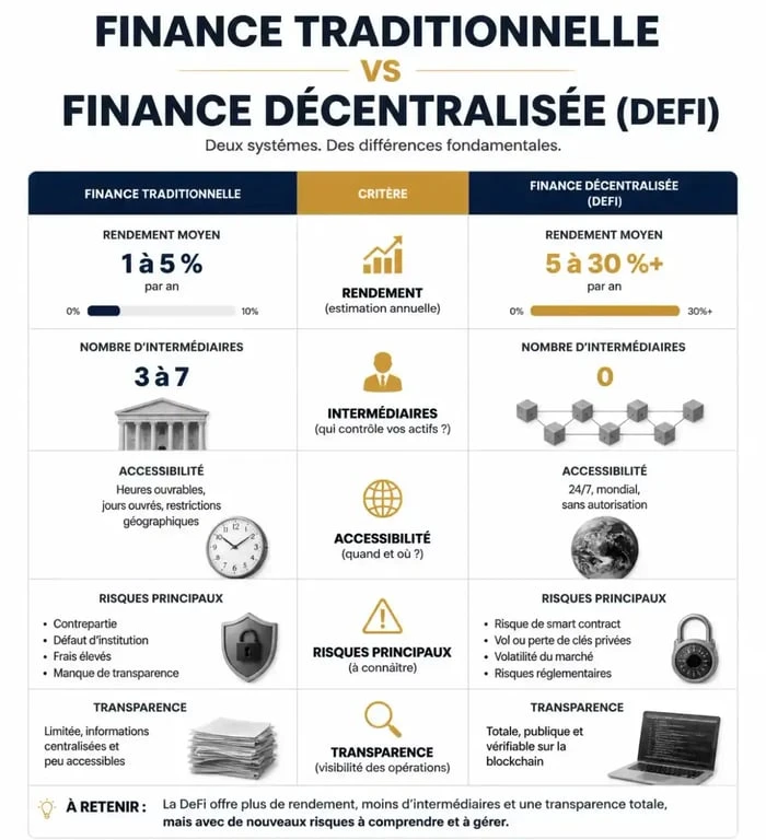 Infographie comparative : Finance traditionnelle vs Finance décentralisée (DeFi) pour le rendement
