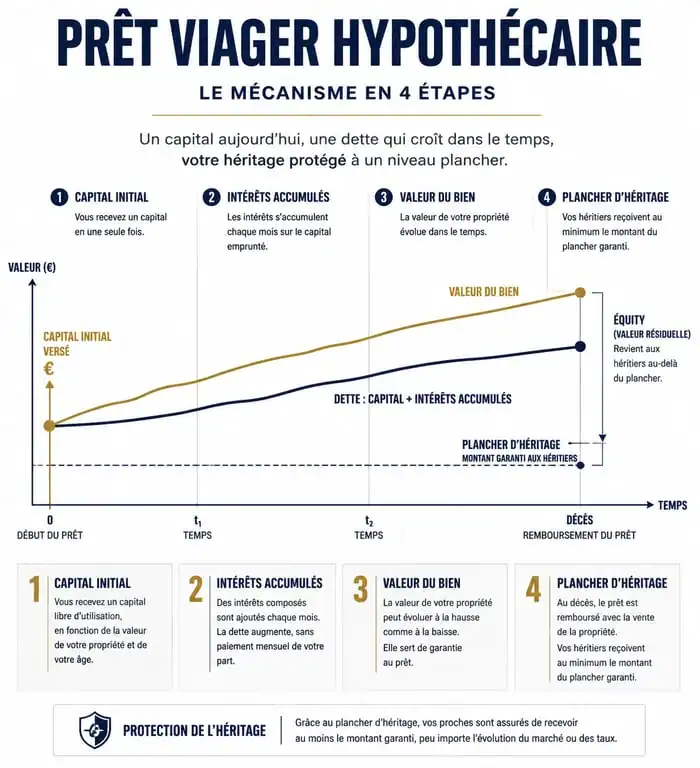 Schéma explicatif du fonctionnement du prêt viager hypothécaire pour les seniors