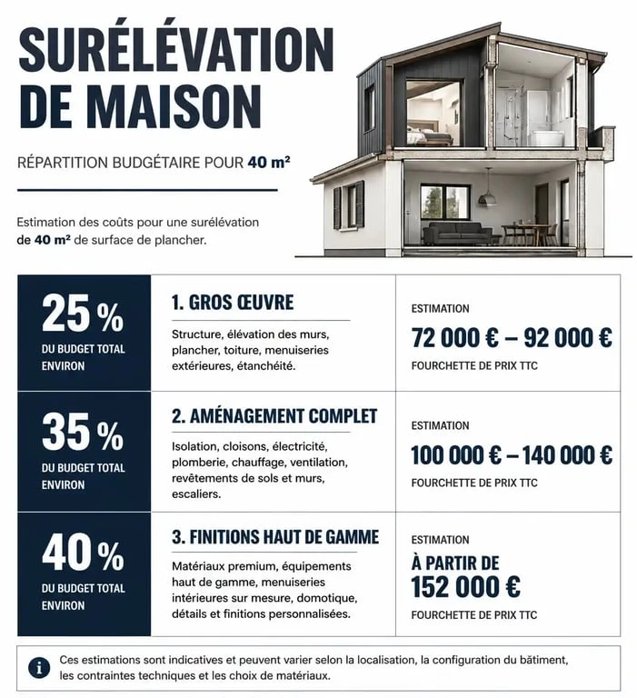 Répartition du budget pour une surélévation de maison de 40m2 selon le type de prestation