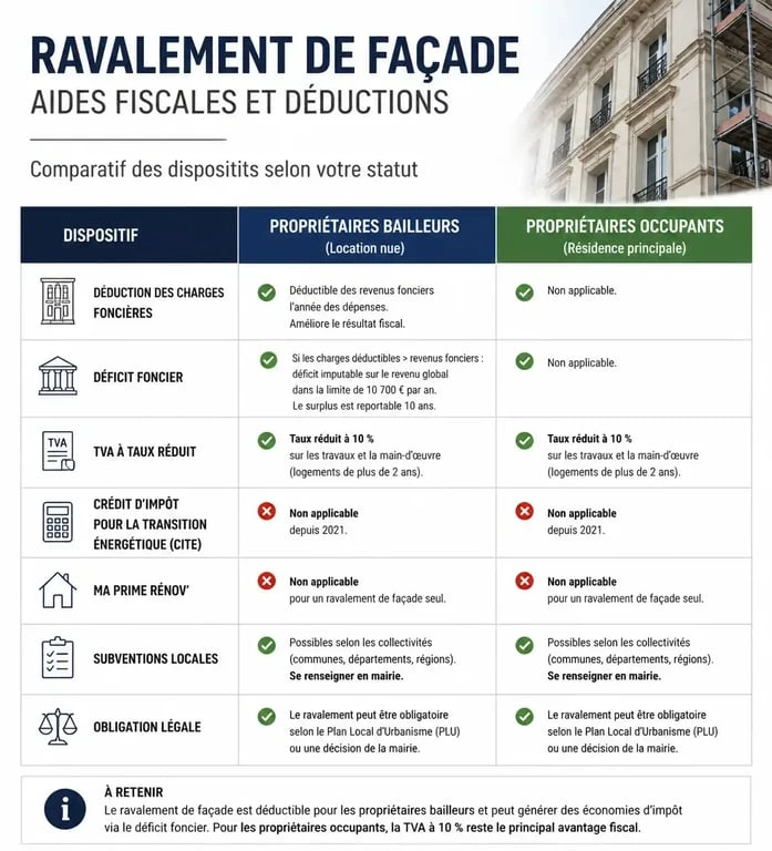 Tableau récapitulatif des aides fiscales et déductions pour la déclaration d'un ravalement de façade aux impôts